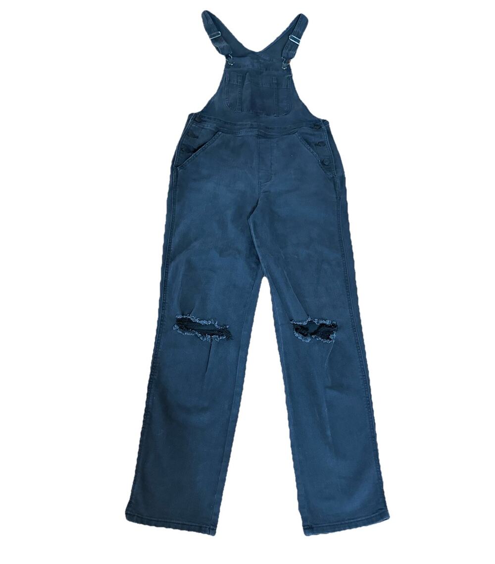 Arizona Women’s Black Distressed Overalls Ripped Knee Denim Jumpsuit Size S